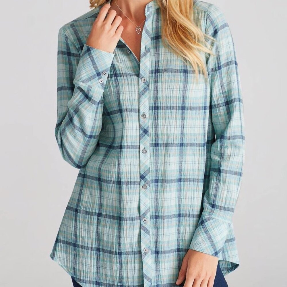 J. Jill Blue Plaid Crinkle Textured Pleated Back Tunic Top - Picture 3 of 9